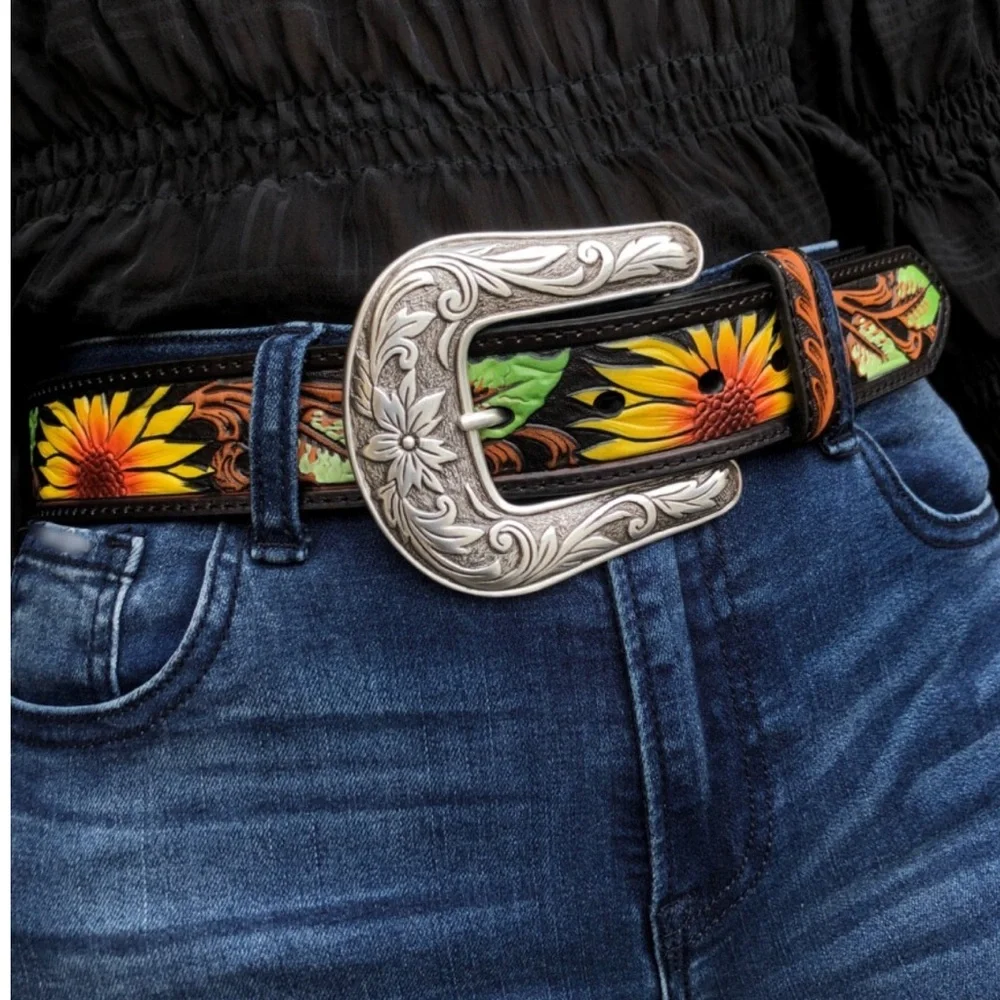 Nocona – Girls Western Sunflower Leather Tooled Belt ( Black ) Size 24